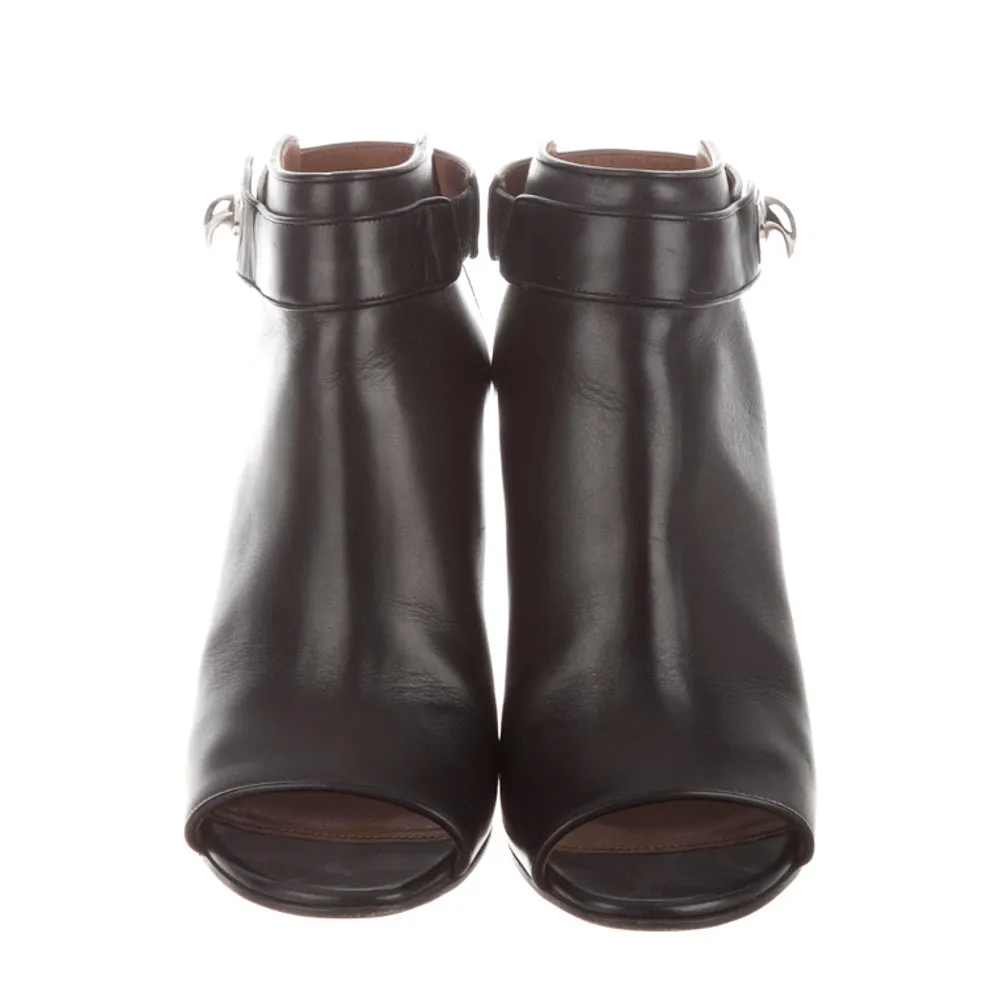 Givenchy Black Leather Shark Lock Peep Toe Wedge Boots 38
