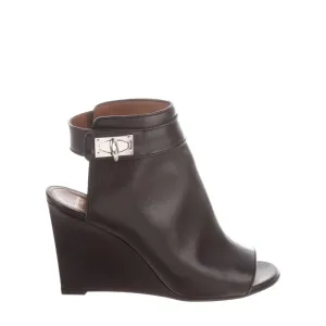 Givenchy Black Leather Shark Lock Peep Toe Wedge Boots 38