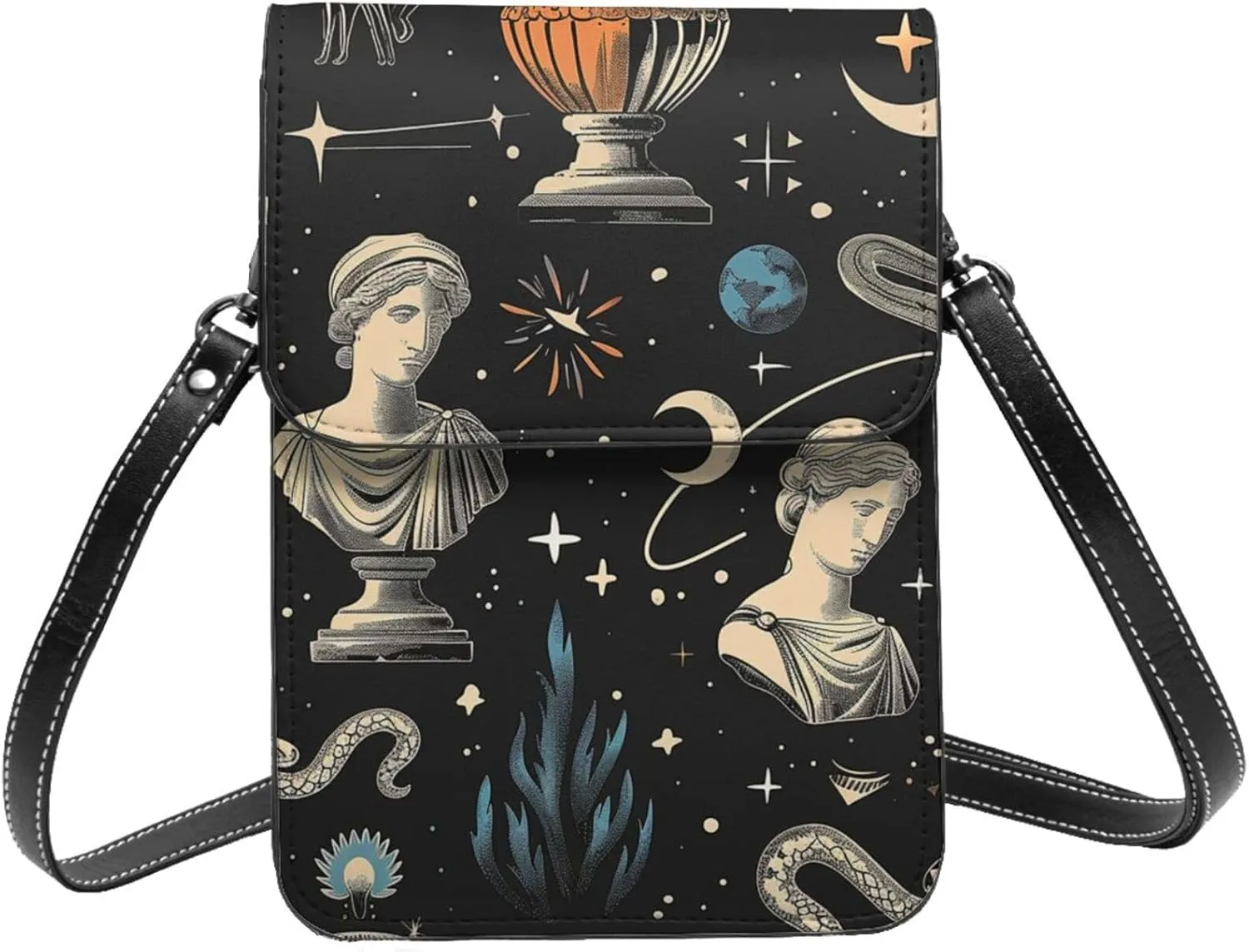 Greek statues and symbols Roman columns vintage bright Leather Small Crossbody Bags for Women Cell Phone Bag Wallet Purses with Adjustable Strap