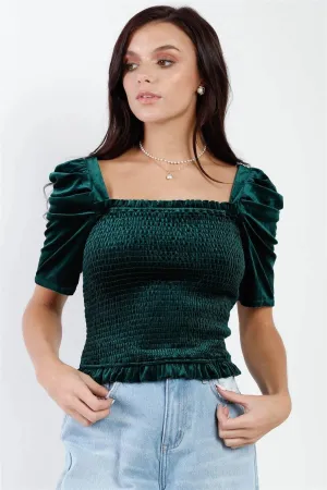 Green Velvet Smocked Puff Draped Short Sleeve Top /1-2-2-1