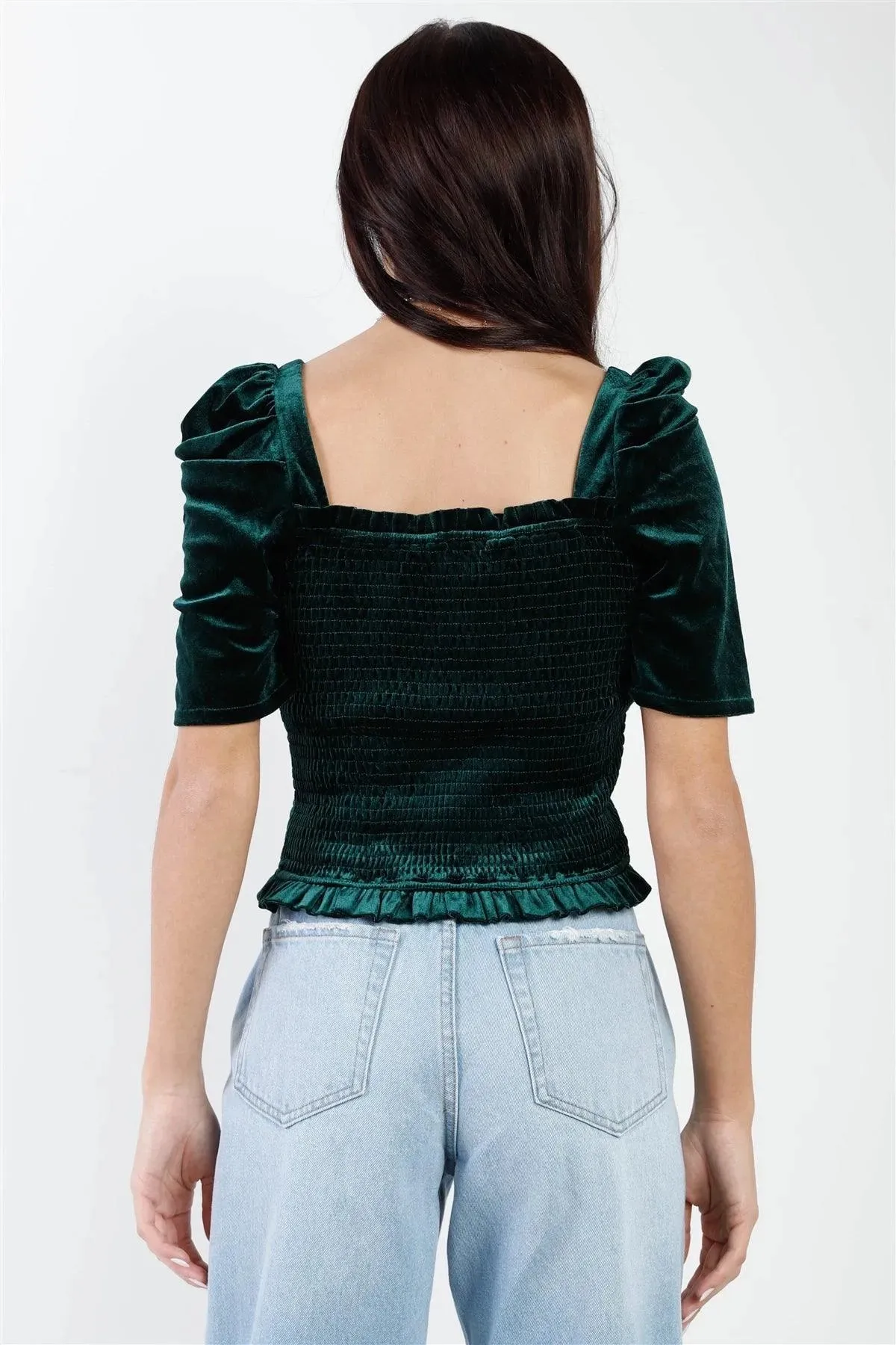 Green Velvet Smocked Puff Draped Short Sleeve Top /1-2-2-1