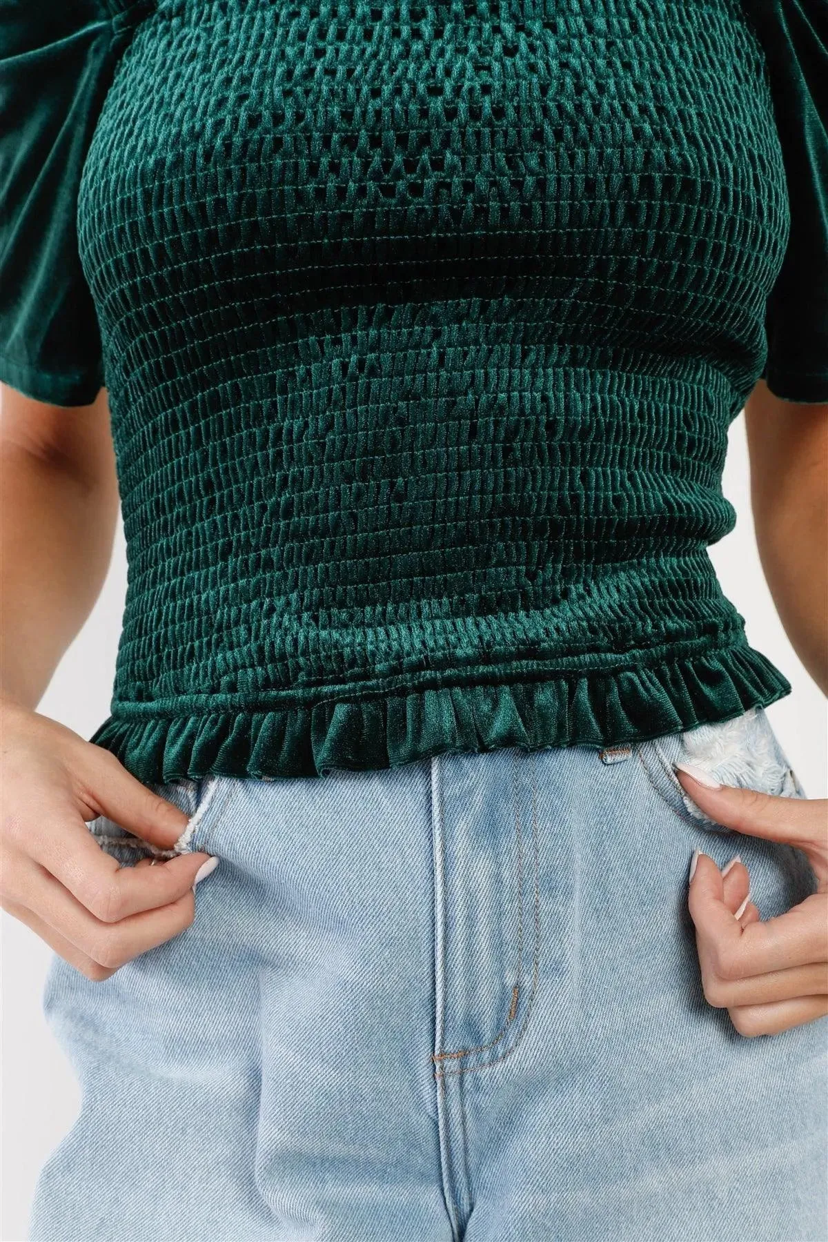 Green Velvet Smocked Puff Draped Short Sleeve Top /1-2-2-1