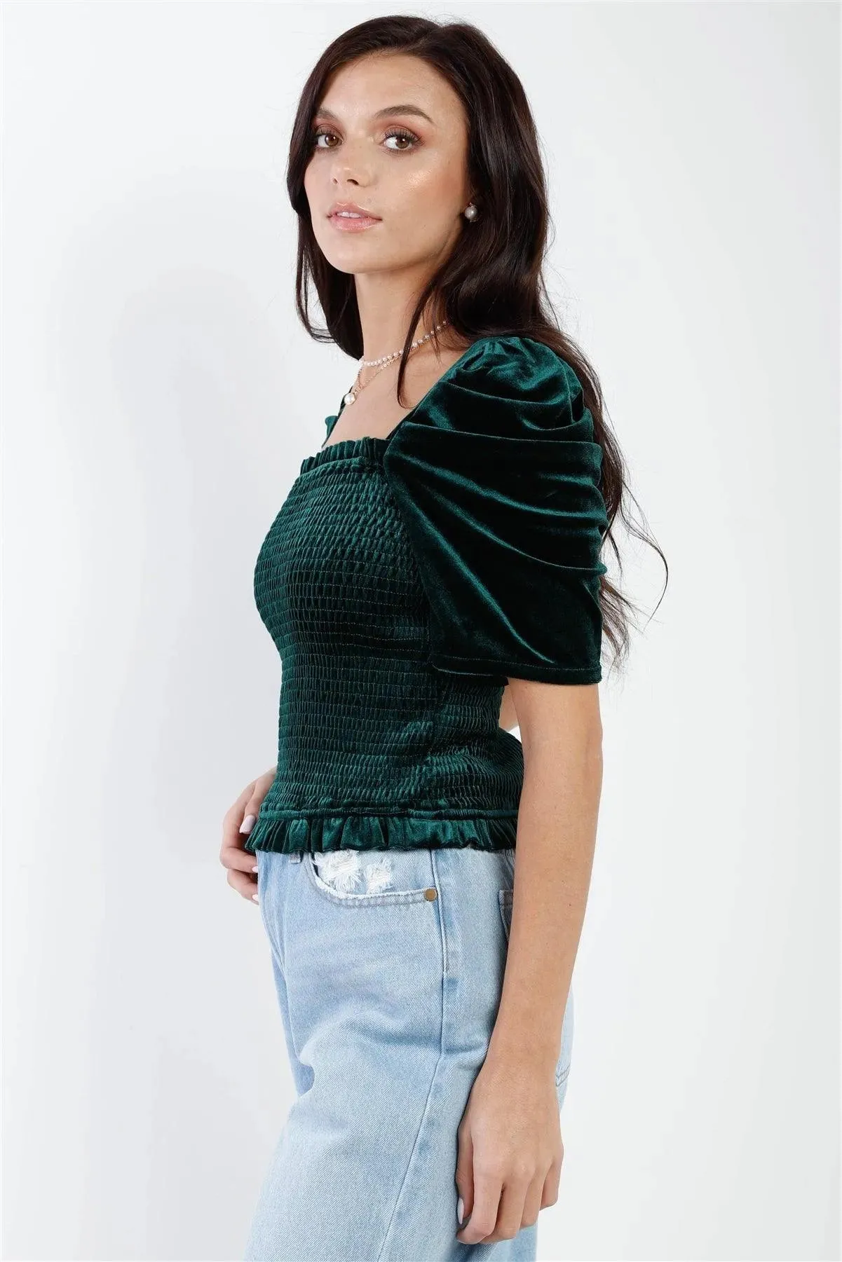 Green Velvet Smocked Puff Draped Short Sleeve Top /1-2-2-1