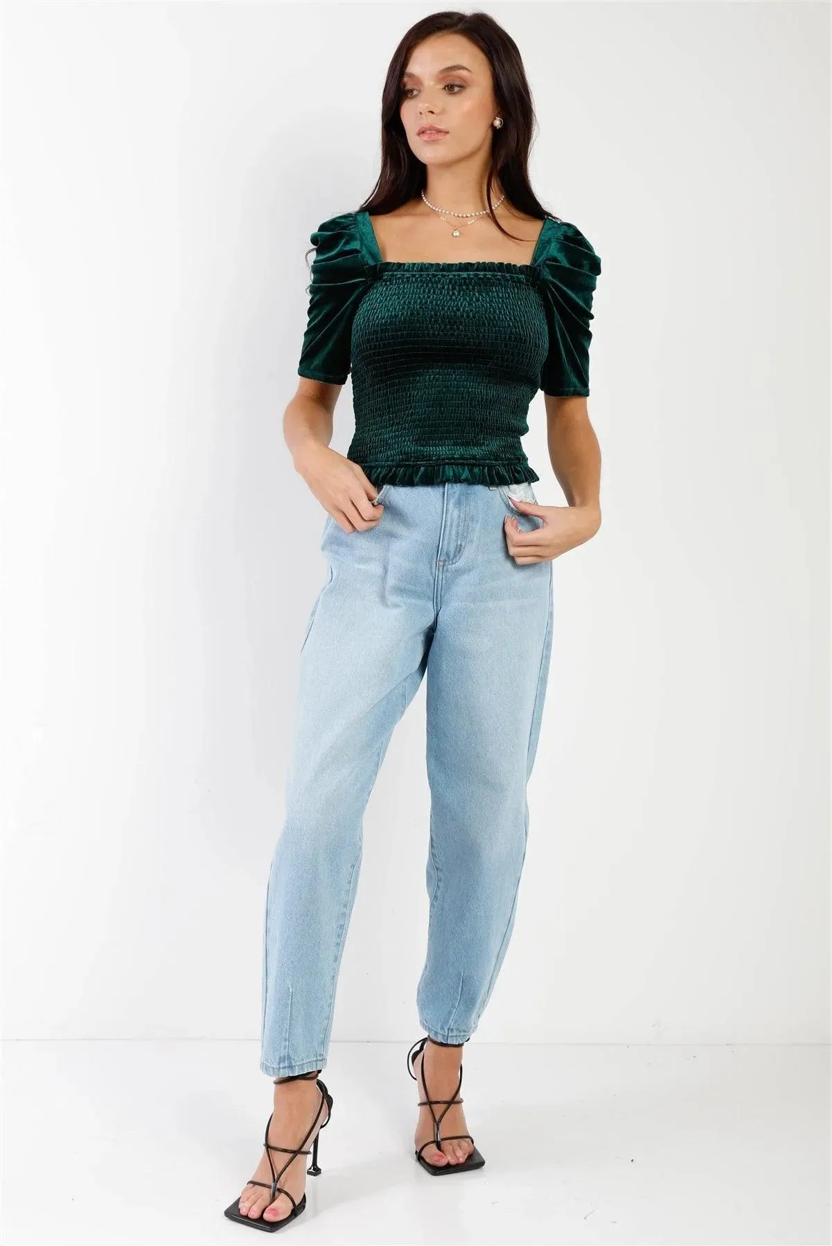 Green Velvet Smocked Puff Draped Short Sleeve Top /1-2-2-1