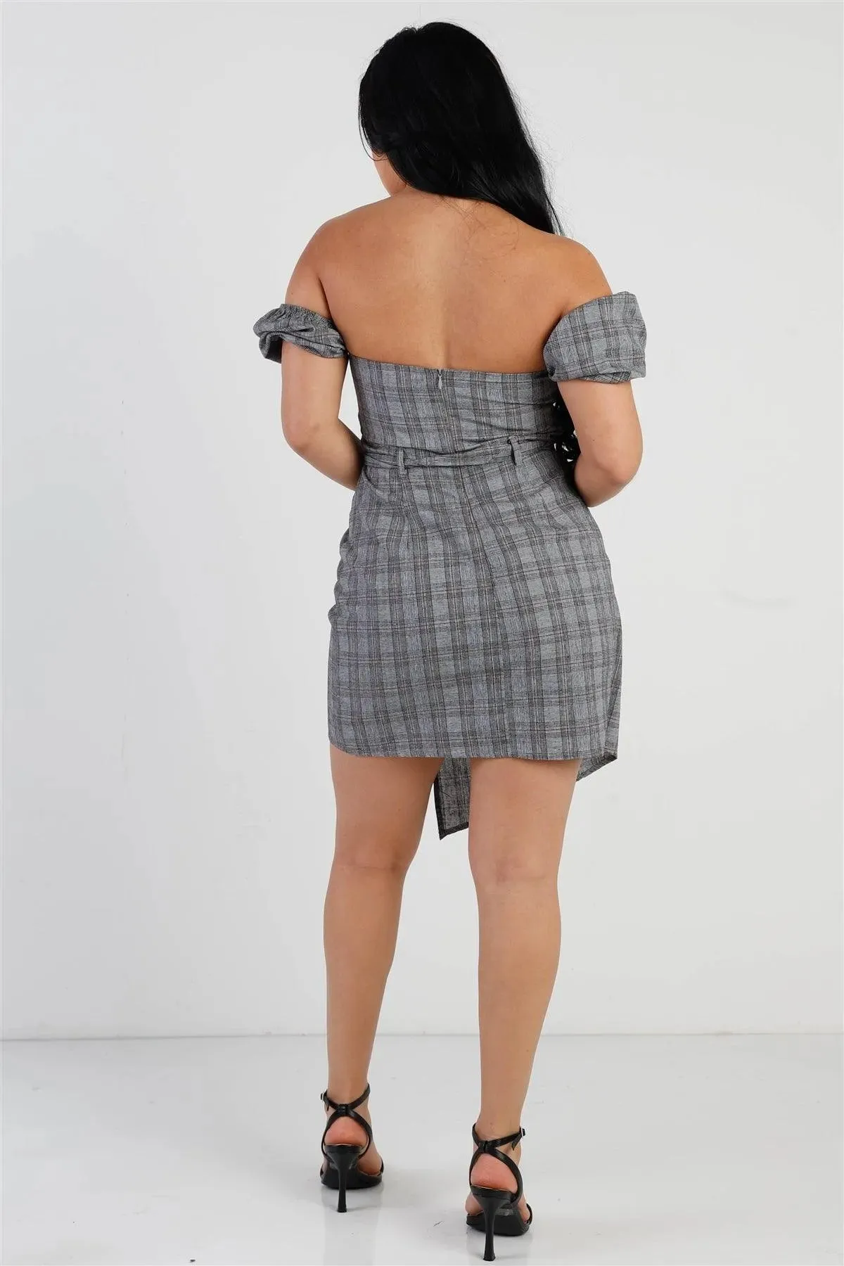 Grey Plaid Belted Asymmetric Hem Bustier Mini Dress /3-2-1