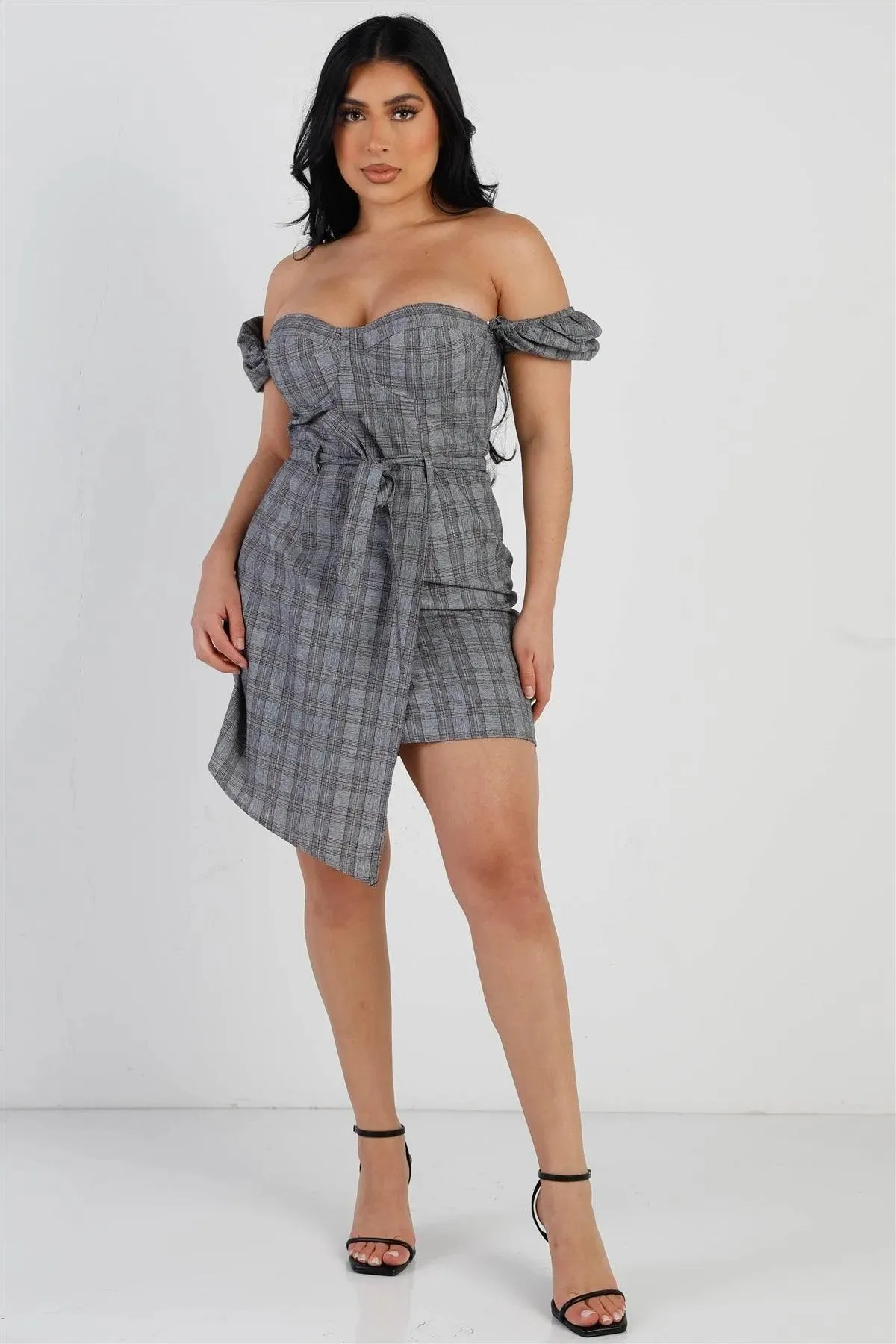 Grey Plaid Belted Asymmetric Hem Bustier Mini Dress /3-2-1