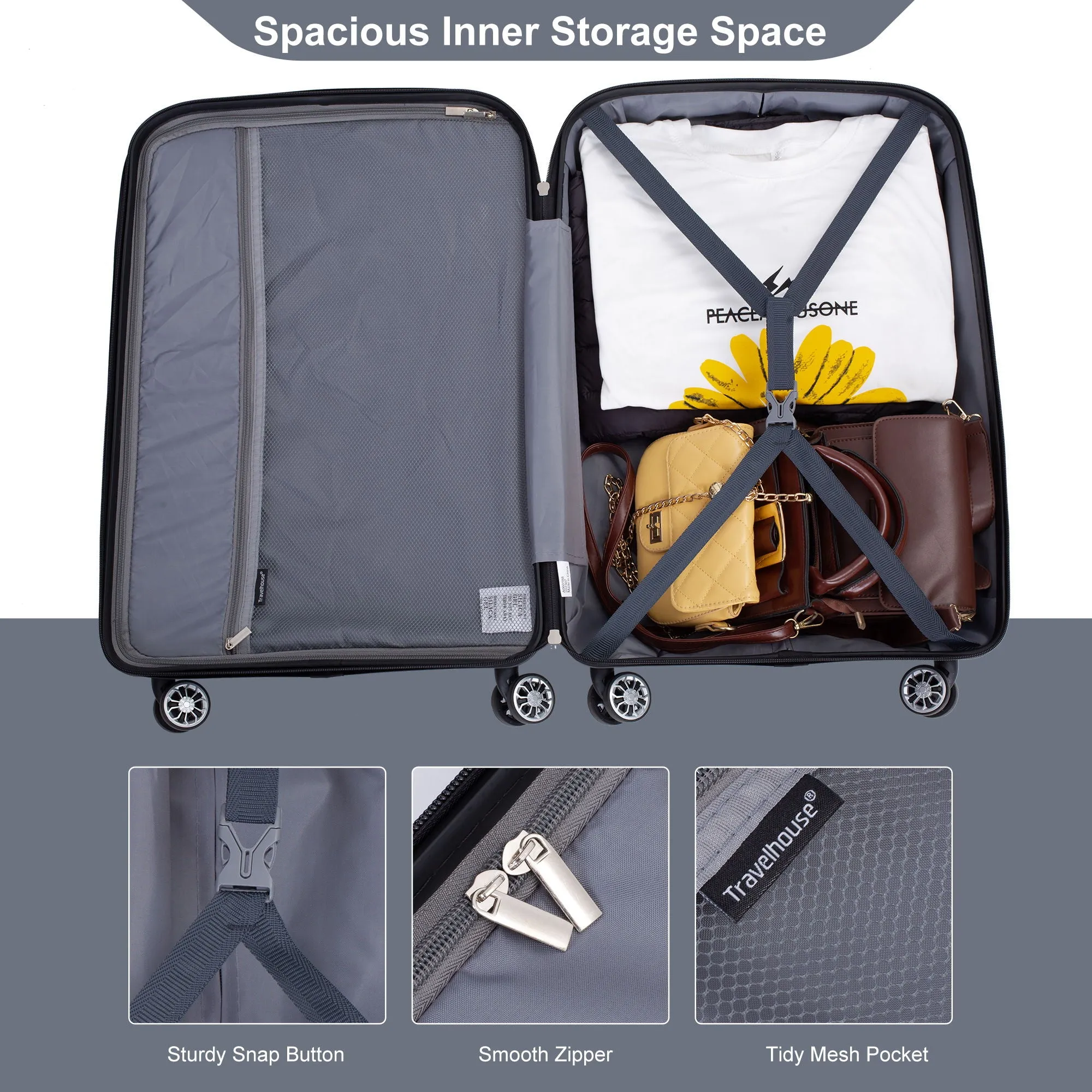 Hardshell Suitcase Double Spinner Wheels Pp Luggage Sets Lightweight Durable Suitcase With Tsa Lock, 3 Piece Set (20/24/28), Gray