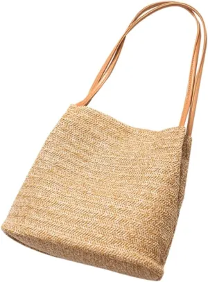 Homoyoyo Women's Straw Bag Knitted Tote Brown Bucket Bag Small Shoulder Beach for Outdoor Activities