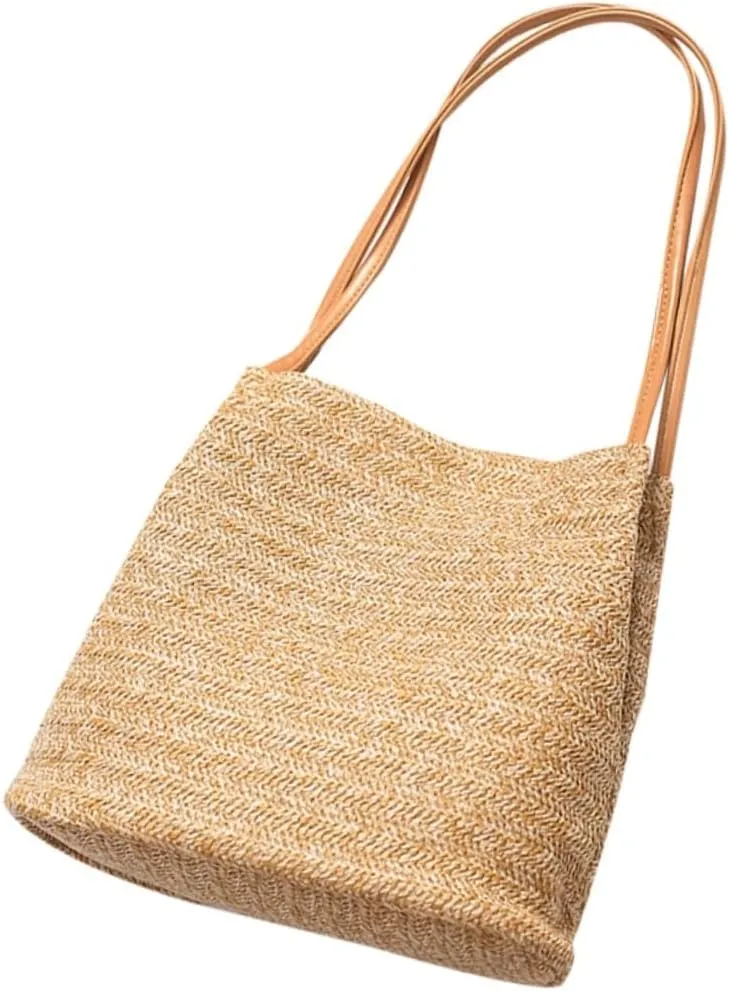 Homoyoyo Women's Straw Bag Knitted Tote Brown Bucket Bag Small Shoulder Beach for Outdoor Activities