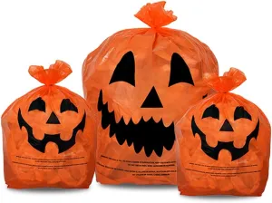 KINREX Halloween Leaf Bags Pumpkin Plastic Lawn and Leaf Bags Decoration - Outdoor Fall Trash Bag Decor - Orange Jack O Lantern - Pack of 3 with Twist Ties