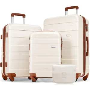 Luggage Sets 3 Piece, Expandable Abs Durable Suitcase With Hanging Toiletry Bag, Carry On Luggage Suitcase Set With 360° Spinner Wheels, Ivory And Brown