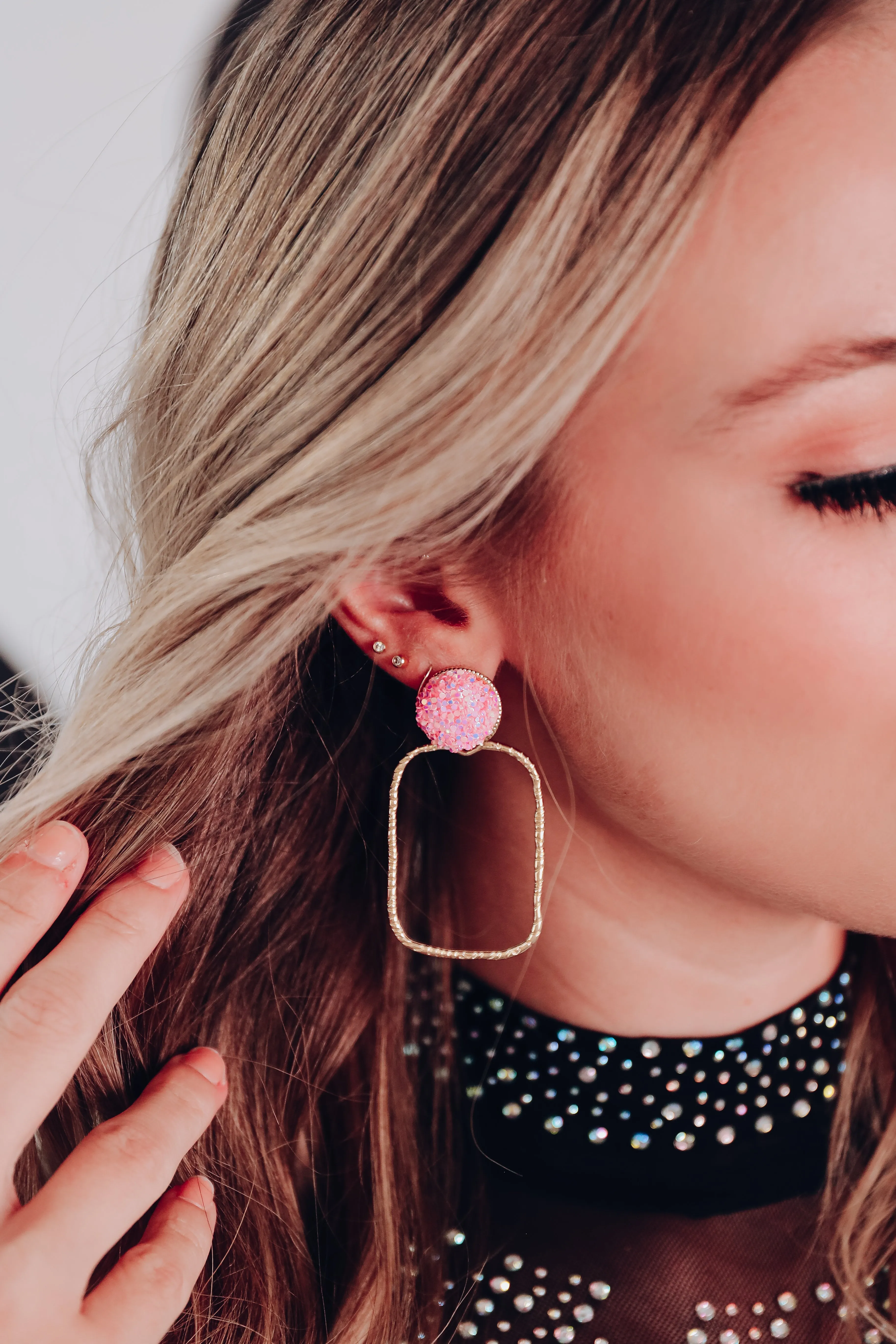 Marina Glitter Stud Rectangle Earrings By Taylor Shaye- Pink