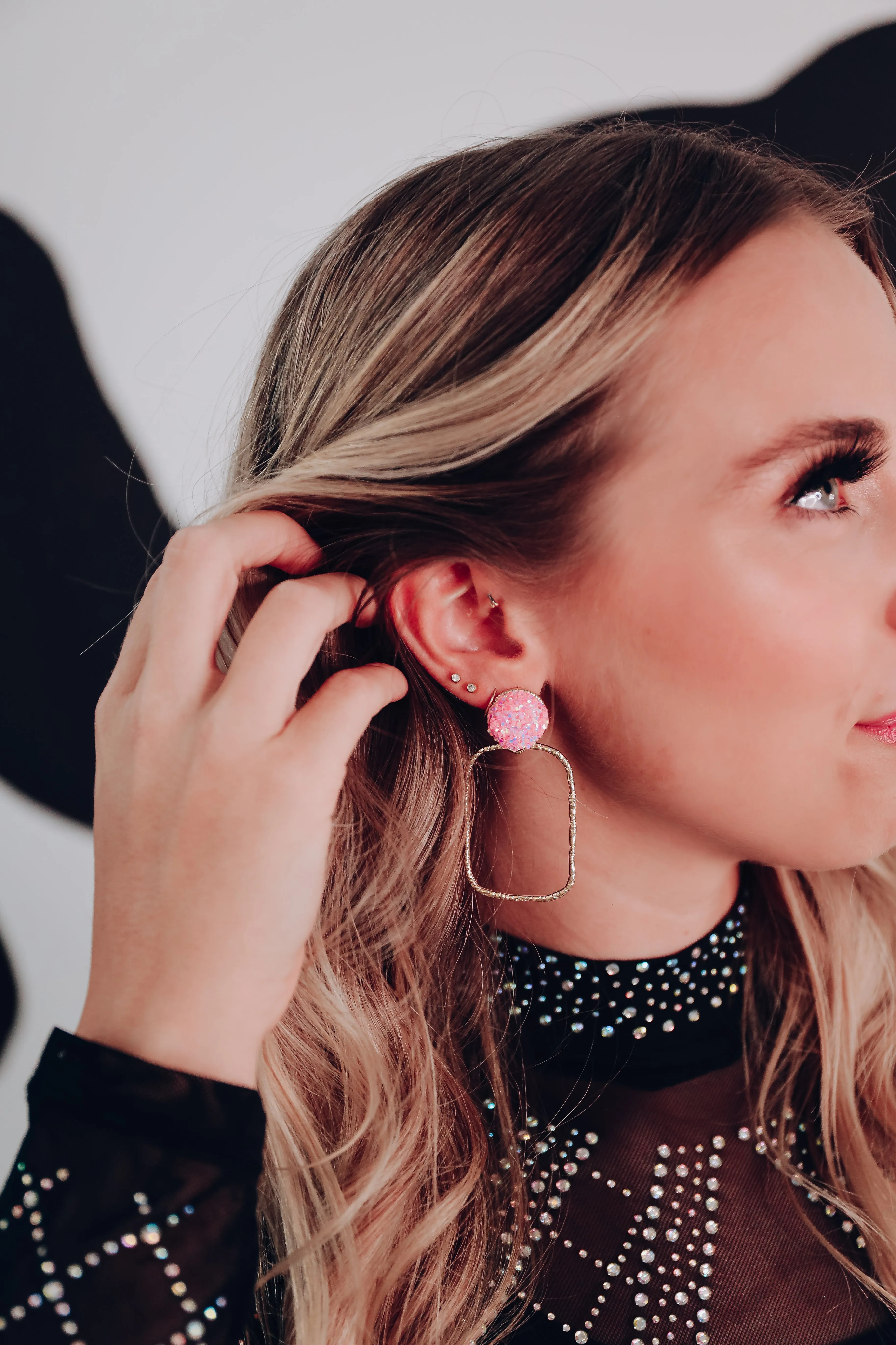 Marina Glitter Stud Rectangle Earrings By Taylor Shaye- Pink