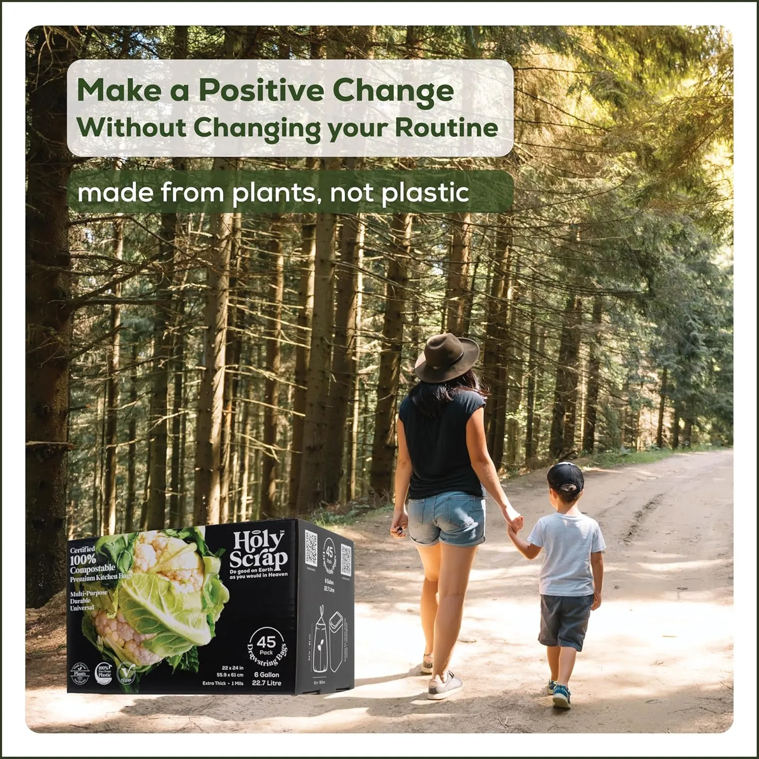 Medium Compostable Drawstring Trash Bags - 6-8 Gallon, 45 Pack | Plastic-Free Kitchen & Bathroom Garbage Bags with Drawstring Handles | Thick Bin Bag Liners for Green & Food Waste