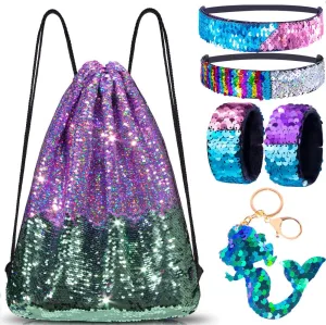 Mermaid Reversible Sequin Drawstring Backpack, Dance Bag for Girls Kids Beach Party Birthday Christmas Gift with Keychain