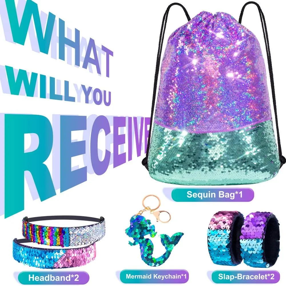 Mermaid Reversible Sequin Drawstring Backpack, Dance Bag for Girls Kids Beach Party Birthday Christmas Gift with Keychain