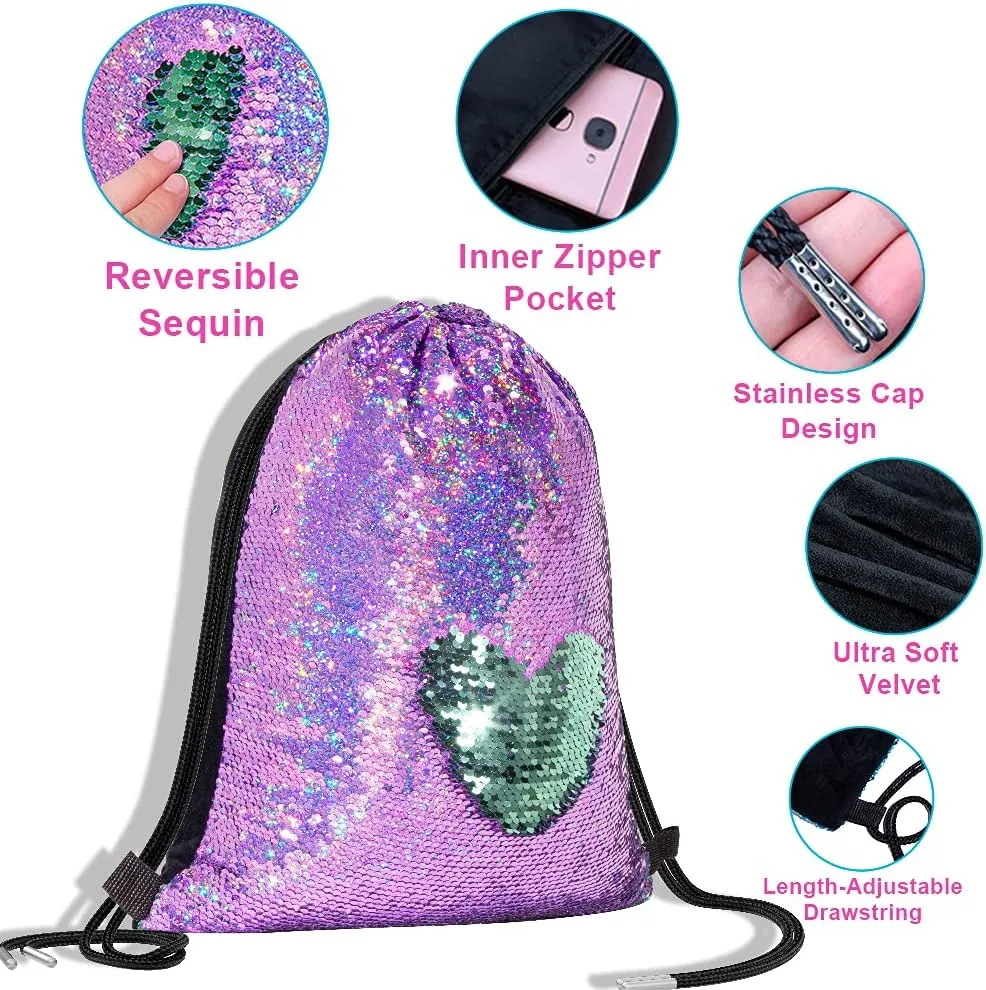 Mermaid Reversible Sequin Drawstring Backpack, Dance Bag for Girls Kids Beach Party Birthday Christmas Gift with Keychain