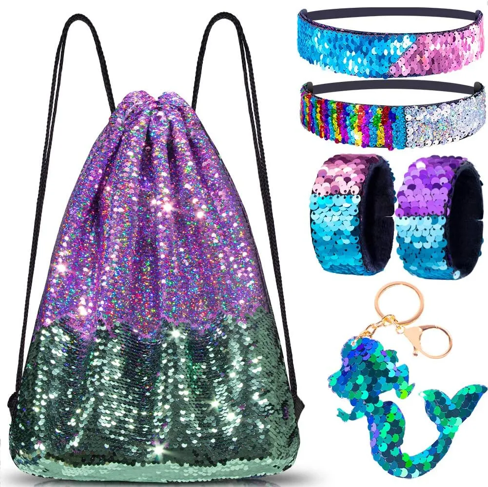 Mermaid Reversible Sequin Drawstring Backpack, Dance Bag for Girls Kids Beach Party Birthday Christmas Gift with Keychain