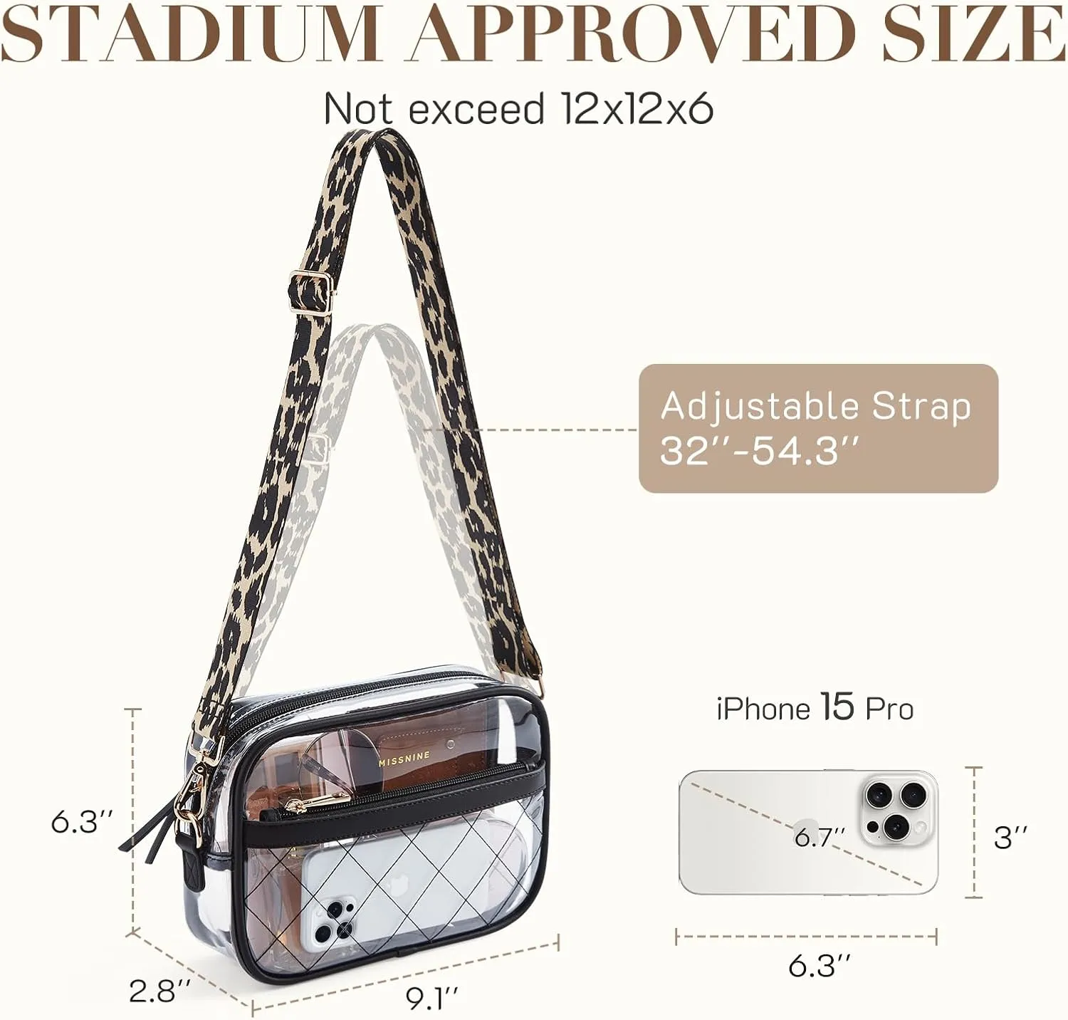 Missnine Clear Bag for Stadium Events Quilted Clear Purse for Women Stadium Approved PVC Crossbody Concert Bag