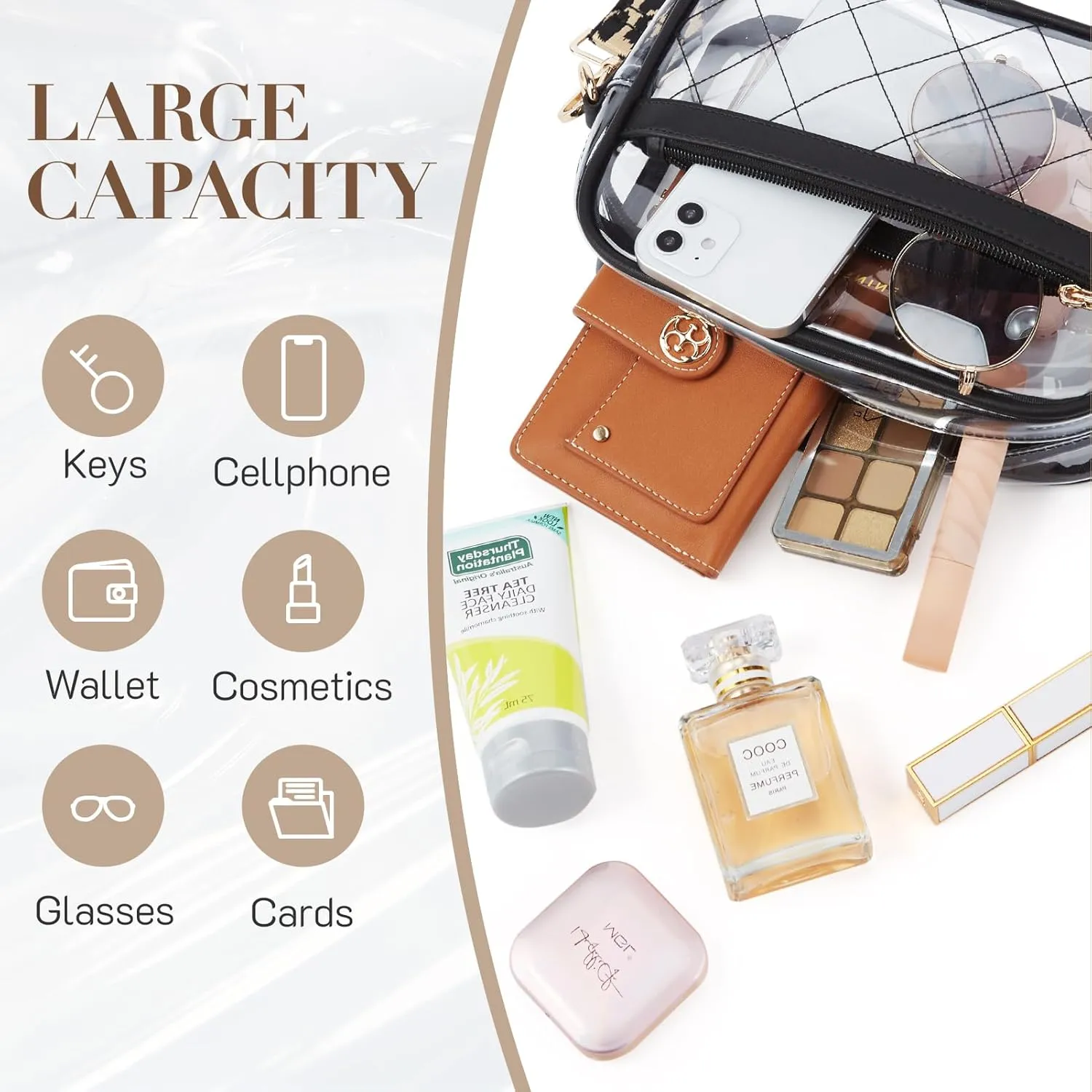 Missnine Clear Bag for Stadium Events Quilted Clear Purse for Women Stadium Approved PVC Crossbody Concert Bag