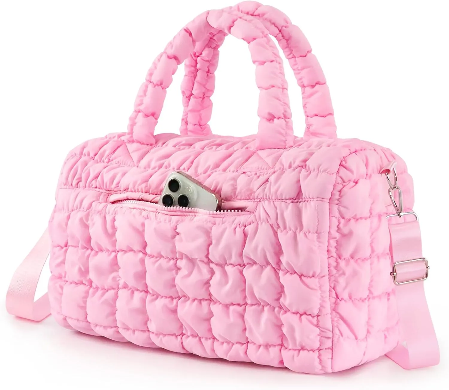 Quilted Duffle Bag For Teens Girls Women, Travel Gym Weekender Dance Duffel Cheer Lightweight Crossbody Bags Puffy Carry On Luggage Tote Sports, Pink