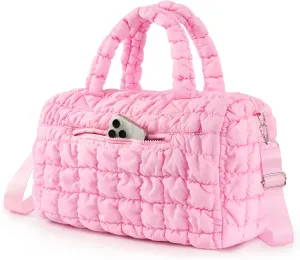 Quilted Duffle Bag For Teens Girls Women, Travel Gym Weekender Dance Duffel Cheer Lightweight Crossbody Bags Puffy Carry On Luggage Tote Sports, Pink