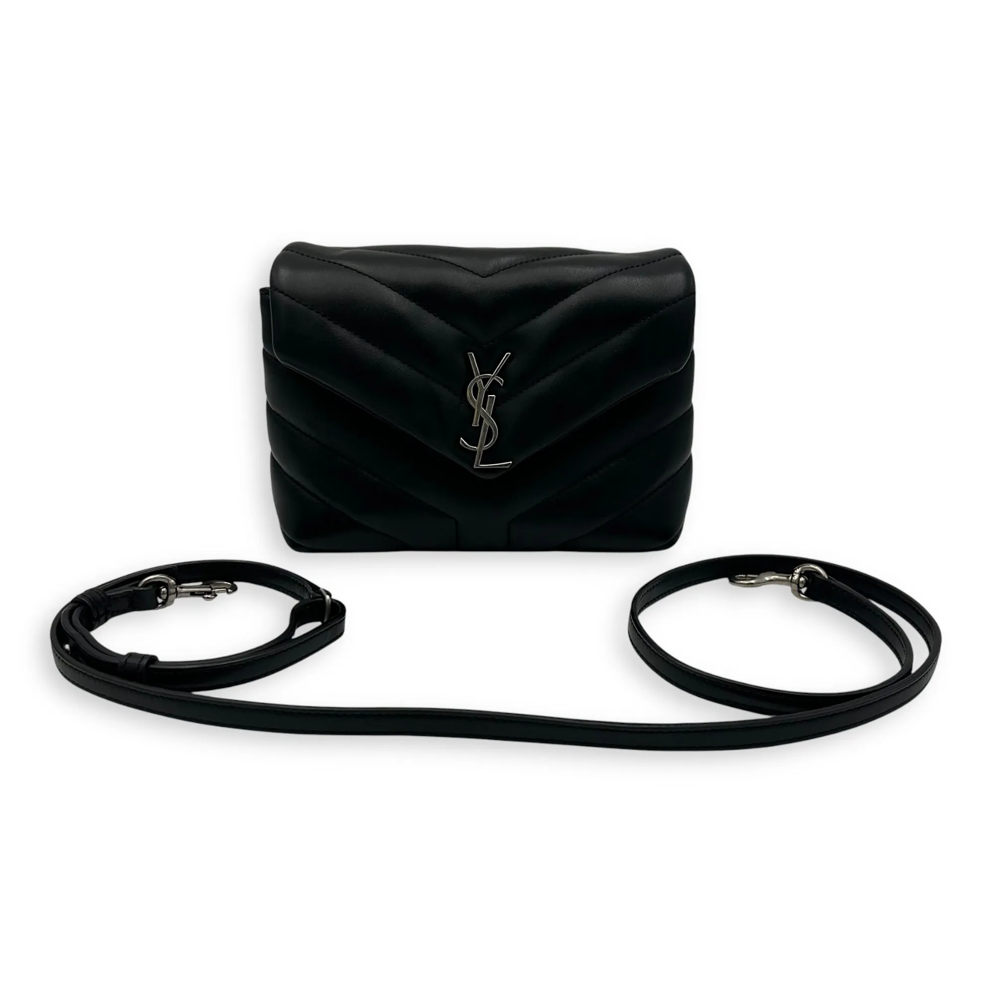 Quilted Loulou Toy Black Crossbody Bag in Calfskin, Silver hardware