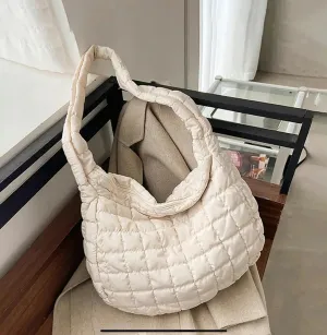 Quilted Puffer Shoulder Tote Bag - WHITE