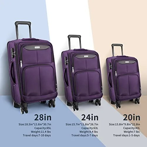 SHOWKOO 3 Piece Expandable Luggage Set with TSA Lock - Soft Shell - Purple