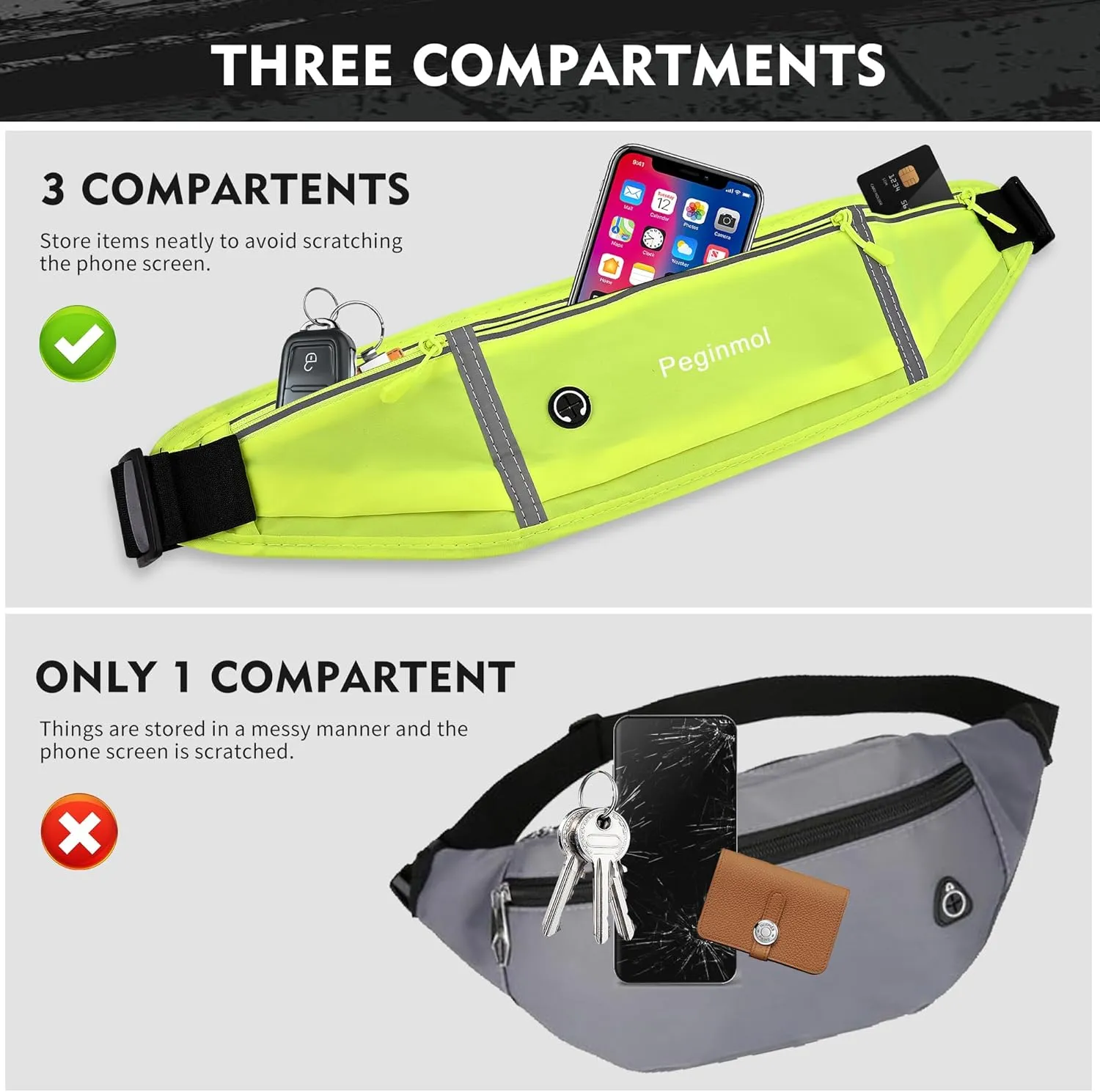 Slim Running Belt Fanny Pack, Waist Pack Bag for Women Men, Running Pouch for Phone Waterproof Reflective with 3 Pouches, Running Phone Holder for Sports, Traveling (Green)