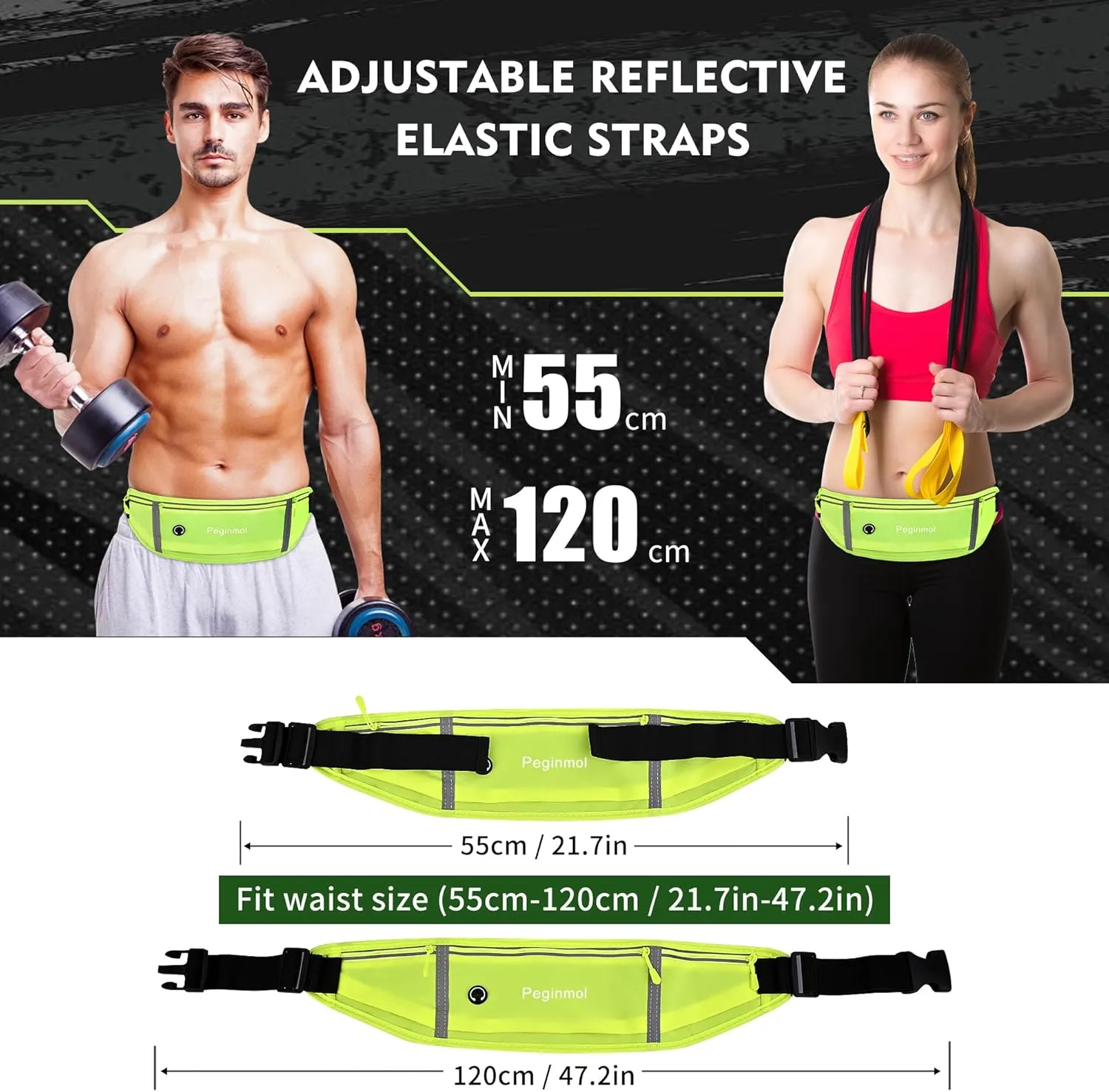 Slim Running Belt Fanny Pack, Waist Pack Bag for Women Men, Running Pouch for Phone Waterproof Reflective with 3 Pouches, Running Phone Holder for Sports, Traveling (Green)