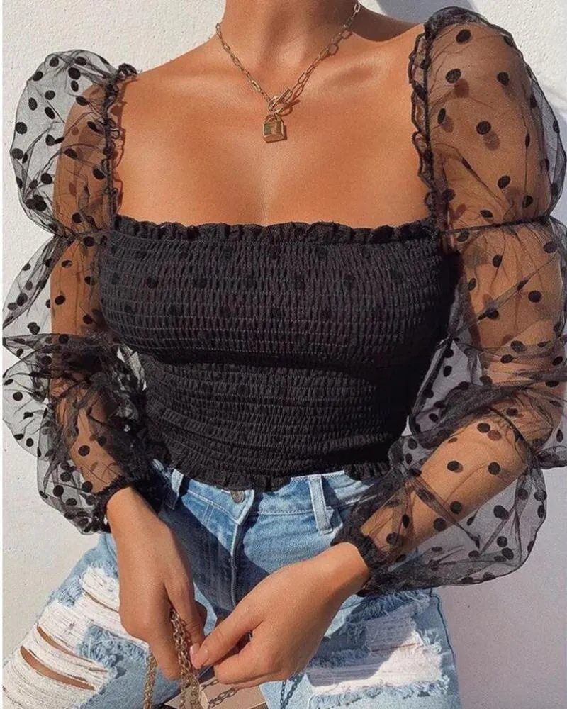 Square Collar Dot Print Lace Puff Sleeve Tee Transparent Long Sleeve Blouse