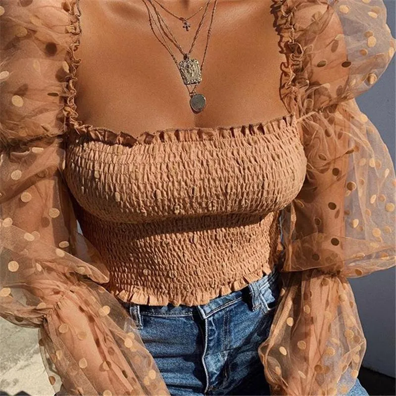 Square Collar Dot Print Lace Puff Sleeve Tee Transparent Long Sleeve Blouse