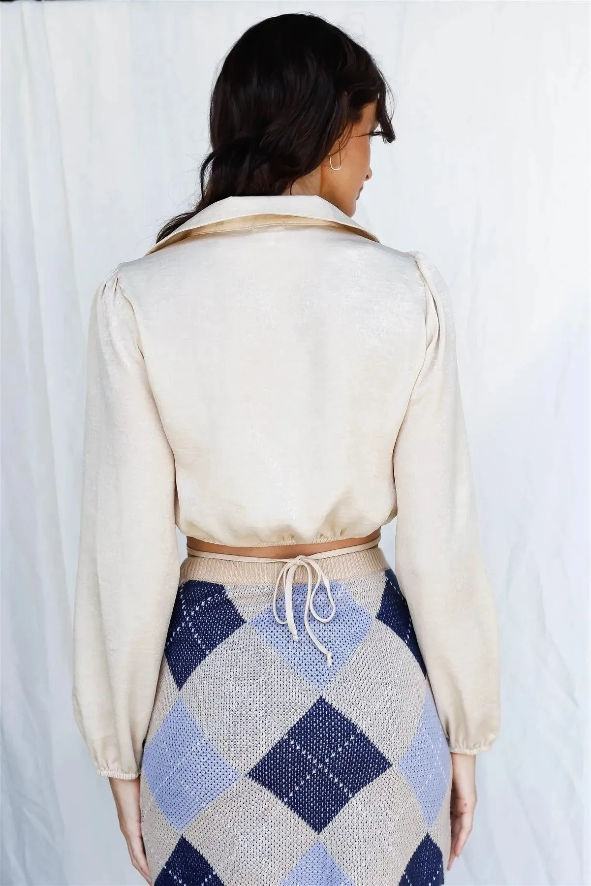 Stone Textured Satin Effect Wrap Around Tie Detail Balloon Sleeve Collared Crop Top /3-2-1