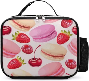 Strawberry Macaron Print Lunch Bag Insulated Cooler Tote Bag Leakproof Bento Box for Travel Picnic Office