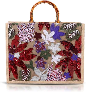 Tote Bag, Sackcloth Handbags for Women, Sequin Embroidery Beach Bags, Natural Bamboo Handle, Bohemian Handbag Large Capacity Shoulder Bag Suitable for Travel Daily(Red Flowers)