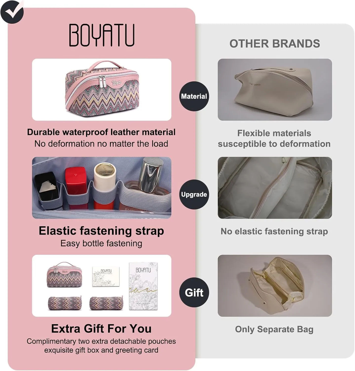 Travel Cosmetic Bag Makeup Bags for Women: Western Boho Make up Bag Set of 3 - Large Vegan Leather Cosmetic Organizer Bags with Compartments & Handle & Divider(Pink)