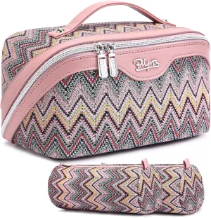 Travel Cosmetic Bag Makeup Bags for Women: Western Boho Make up Bag Set of 3 - Large Vegan Leather Cosmetic Organizer Bags with Compartments & Handle & Divider(Pink)