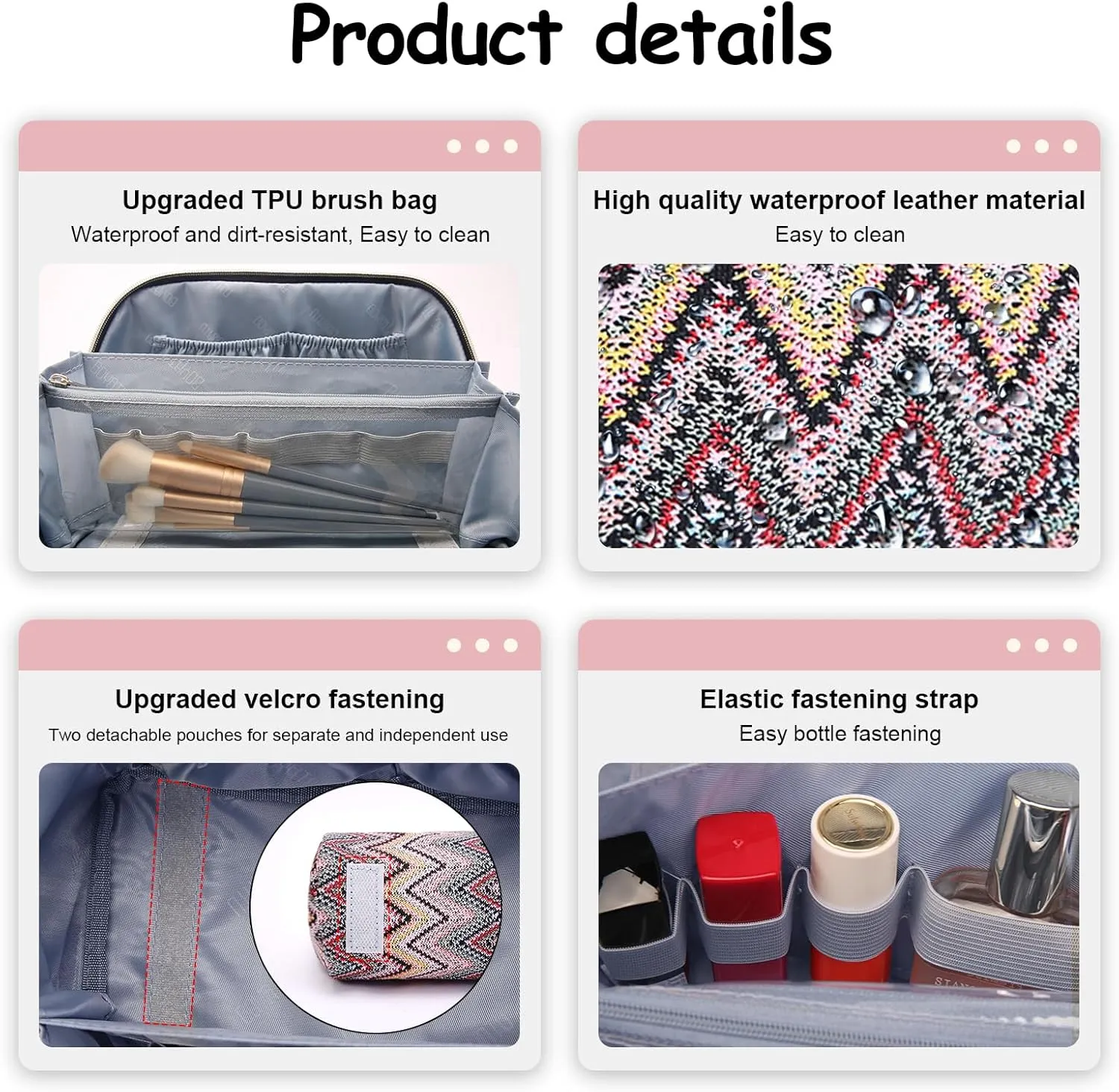 Travel Cosmetic Bag Makeup Bags for Women: Western Boho Make up Bag Set of 3 - Large Vegan Leather Cosmetic Organizer Bags with Compartments & Handle & Divider(Pink)