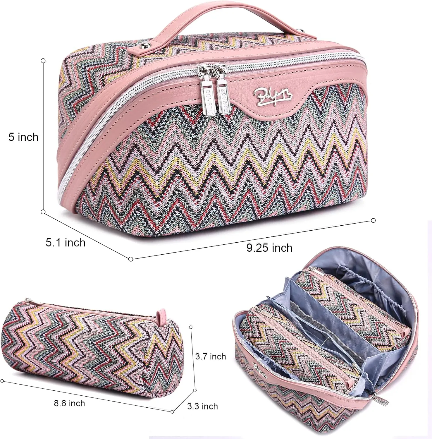 Travel Cosmetic Bag Makeup Bags for Women: Western Boho Make up Bag Set of 3 - Large Vegan Leather Cosmetic Organizer Bags with Compartments & Handle & Divider(Pink)