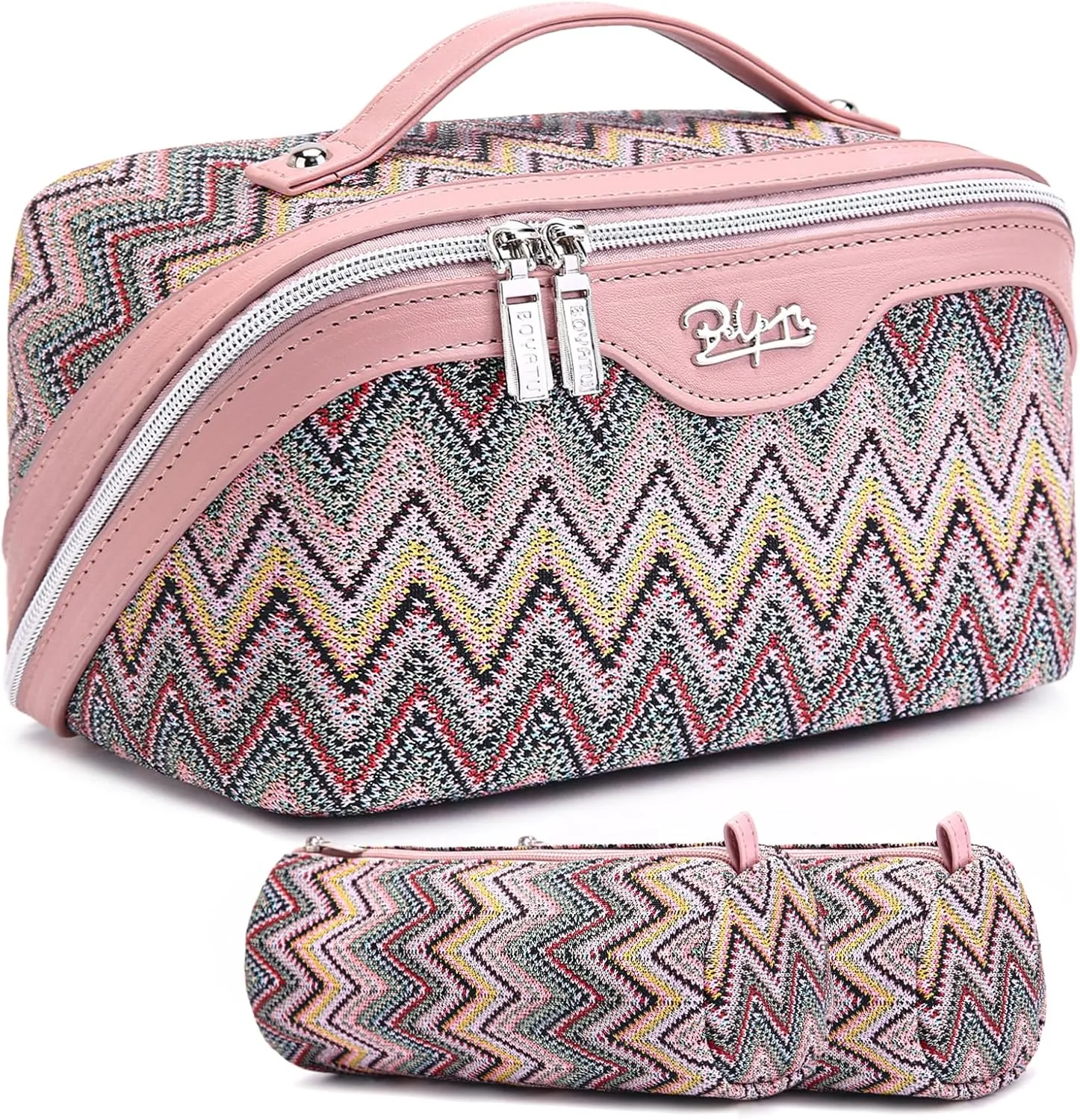 Travel Cosmetic Bag Makeup Bags for Women: Western Boho Make up Bag Set of 3 - Large Vegan Leather Cosmetic Organizer Bags with Compartments & Handle & Divider(Pink)