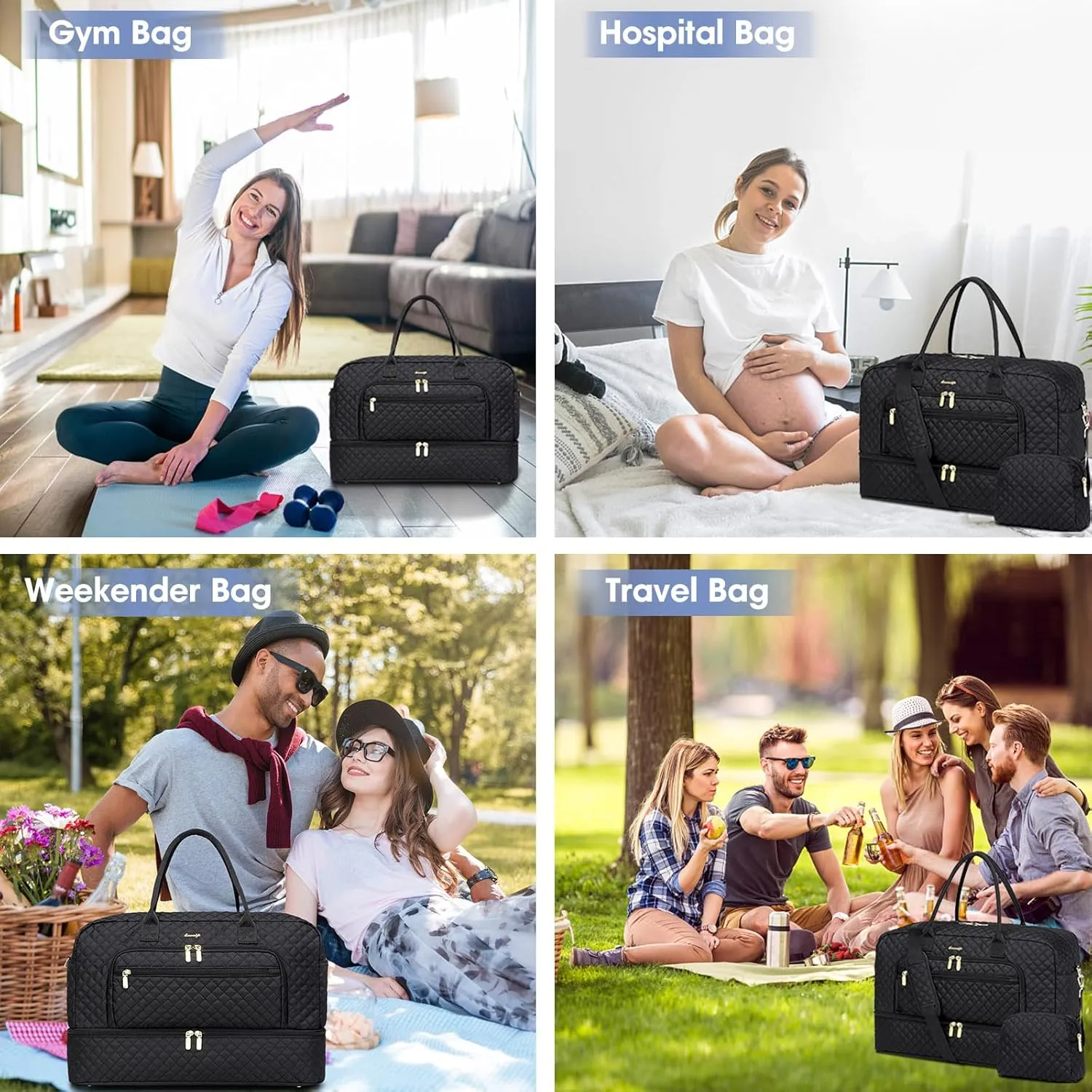Travel Duffle Bag Weekender for Women - 38L Carry-On Overnight Personal Item Bag with Shoe Compartment & Wet Pocket Weekend Tote Bags with Toiletry Hospital Bags for Labor and Delivery
