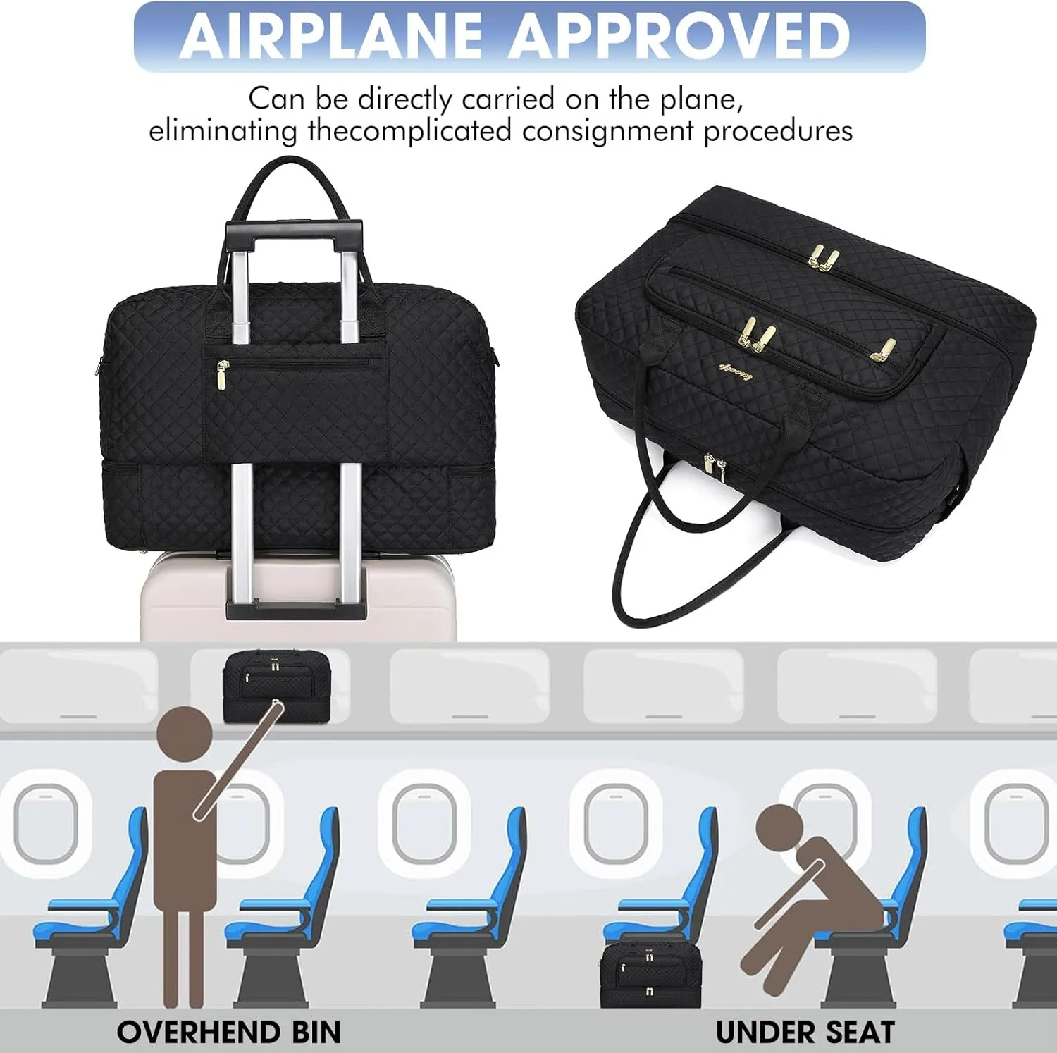 Travel Duffle Bag Weekender for Women - 38L Carry-On Overnight Personal Item Bag with Shoe Compartment & Wet Pocket Weekend Tote Bags with Toiletry Hospital Bags for Labor and Delivery