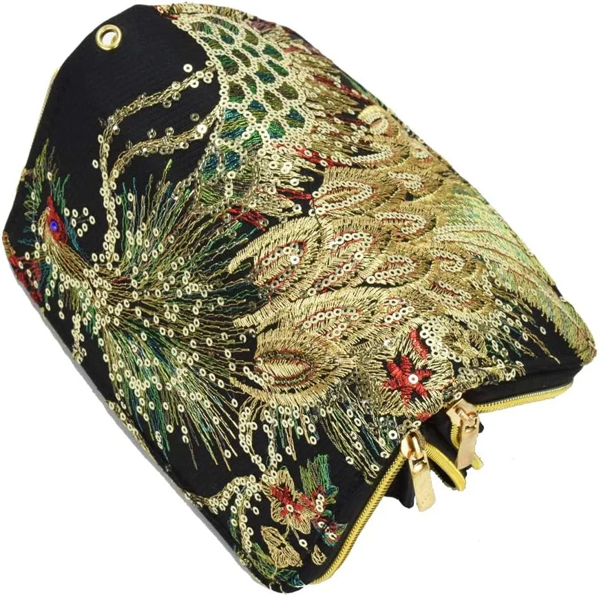 Vintage Canvas Zipper Purse Phoenix Sequin Wristlet Wallet for Women Cocktail Clutch