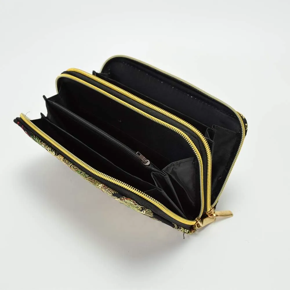 Vintage Canvas Zipper Purse Phoenix Sequin Wristlet Wallet for Women Cocktail Clutch
