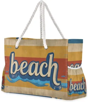 Vintage Poster Beach Stripe Travel Duffel Bag, Sports Waterproof Sandproof with side pockets Large Work Tote Bag for Gym Travel Daily