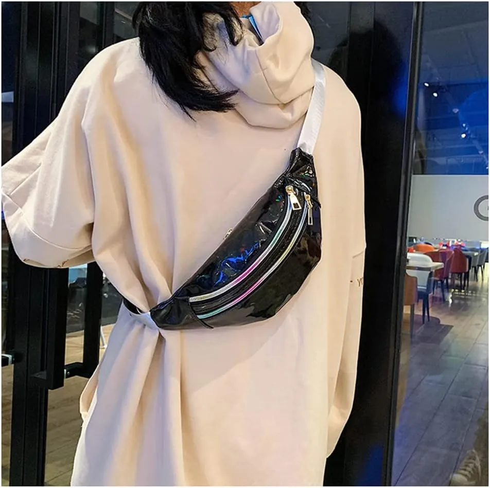 Waist Bags Women Silver Fanny Pack Female Belt Bag Black Geometric Waist Packs Laser Chest Bag Laser Bum Bag (Sequin black)