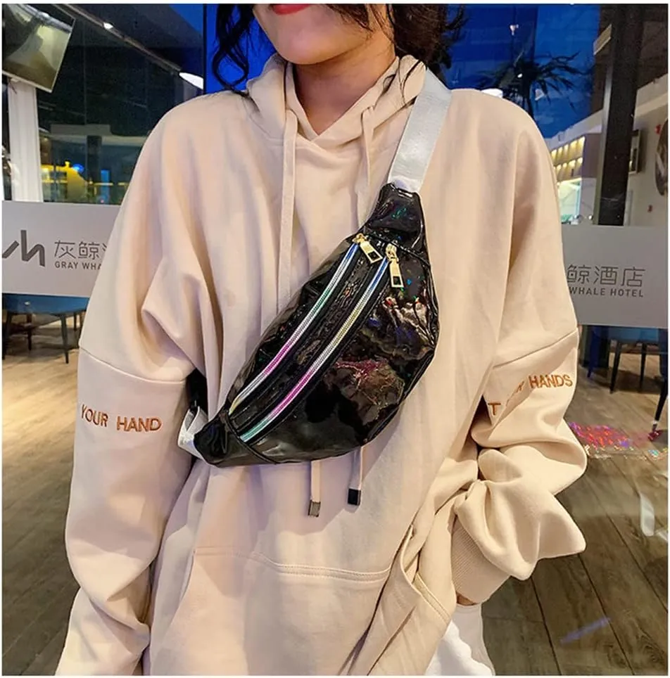 Waist Bags Women Silver Fanny Pack Female Belt Bag Black Geometric Waist Packs Laser Chest Bag Laser Bum Bag (Sequin black)