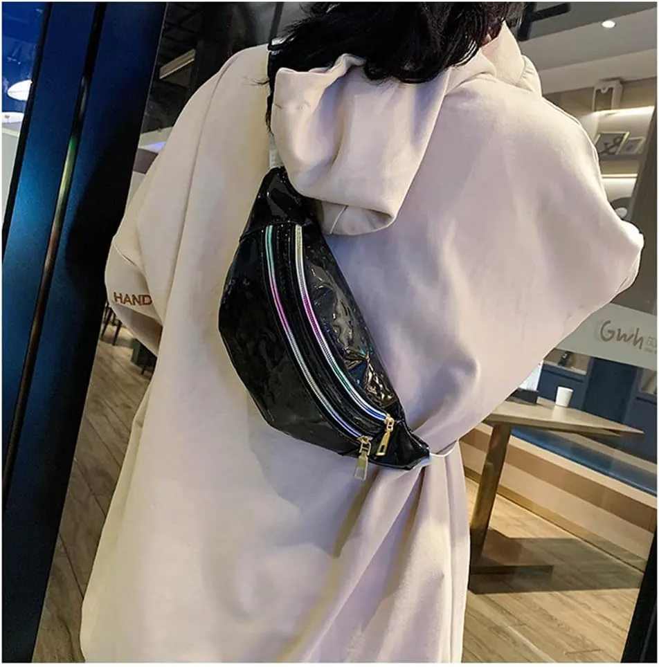 Waist Bags Women Silver Fanny Pack Female Belt Bag Black Geometric Waist Packs Laser Chest Bag Laser Bum Bag (Sequin black)