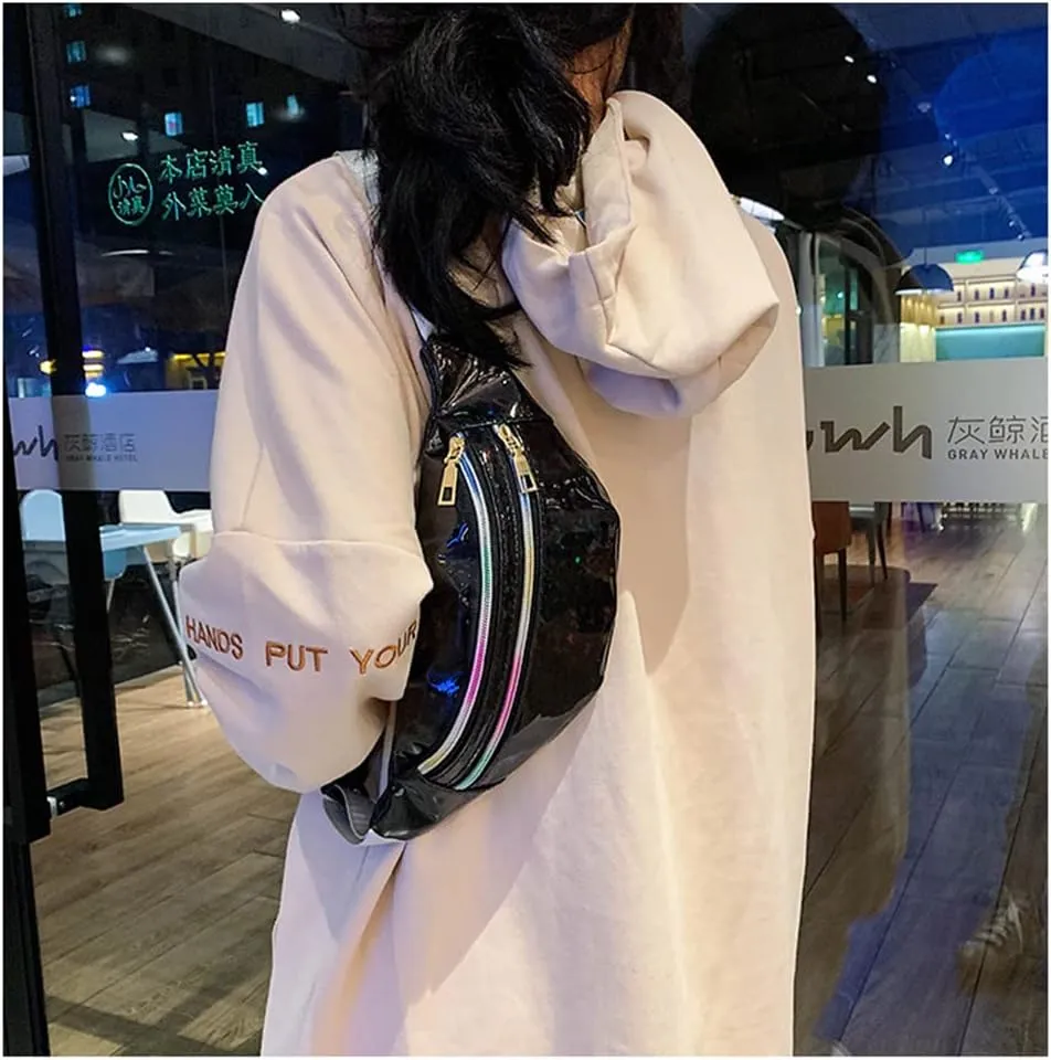 Waist Bags Women Silver Fanny Pack Female Belt Bag Black Geometric Waist Packs Laser Chest Bag Laser Bum Bag (Sequin black)